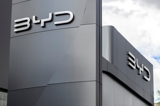 Marilia, SP, Brazil, December 11, 2024. Facade of the car dealership of the Chinese BYD, Building Your Dreams, which sells electric and hybrid cars, in the city of Mar&iacute;lia