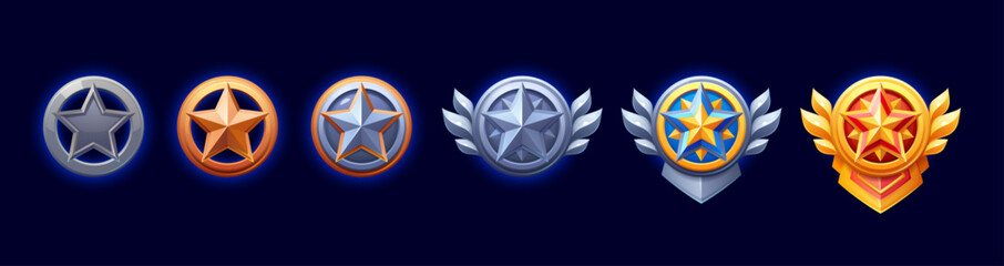 Rating star level medal, game rank badge, heraldic medal progression from simple metal and bronze to silver and gold emblems with wings and laurels. Cartoon vector gui player achievement trophy icons © Buch&Bee