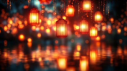 Naklejka premium Glowing Orange Lanterns Hanging Over Dark Water
