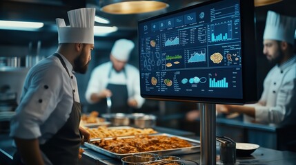 Restaurant kitchen with digital display showing data and graphs of a busy restaurant with chefs working in the background