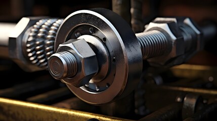 Close up shot of a heavy duty metal nut and bolt securely connecting two industrial machine components  The textured