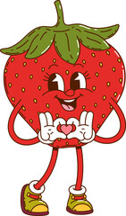 Cartoon groovy strawberry happy girl character. Garden ripe berry vintage groovy cheerful character, farm orchard fresh strawberry girl 60s 70s funky isolated vector personage holding heart in hands