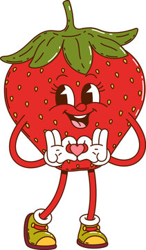 Naklejki Cartoon groovy strawberry happy girl character. Garden ripe berry vintage groovy cheerful character, farm orchard fresh strawberry girl 60s 70s funky isolated vector personage holding heart in hands