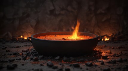 Fiery Embers Glow in a Dark Metal Bowl, Surrounded by Smoldering Charcoal on a Rough Surface