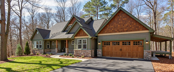 Modern family home surrounded by trees with a landscaped yard and driveway in a peaceful neighborhood