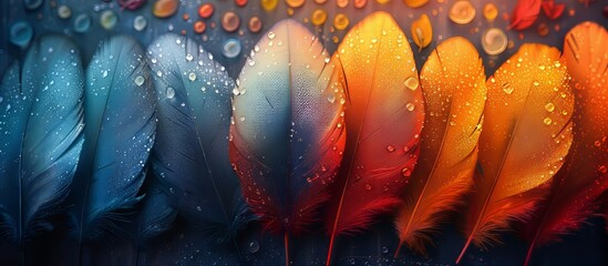 Colorful Feathers with Water Drops on Dark Background for Art Projects