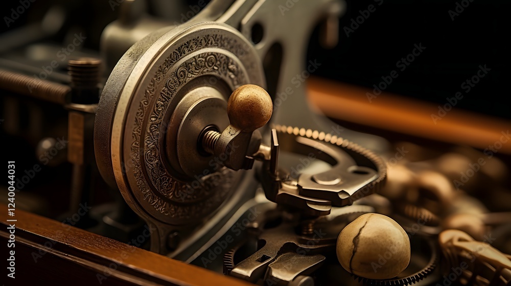 Poster a close up view of an intricately designed vintage mechanical nut on the surface of an old weathered