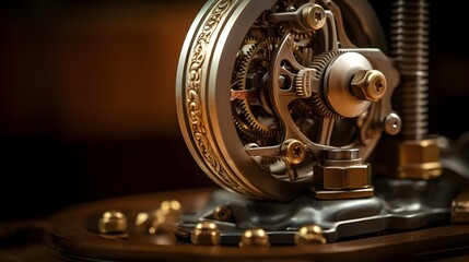 Fototapeta premium Close up detailed shot of a metal gear or cog from a vintage mechanical device or industrial machinery Intricate clockwork mechanism engineering equipment or automotive spare part with a textured