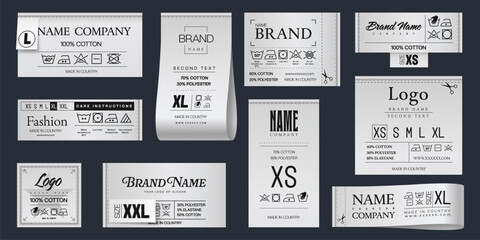 Realistic laundry labels. Clothing tags, 3d vector set of fabric clothes emblems presenting brand names, fabric compositions, care instructions for apparel cleaning and sizes. Isolated laundry labels