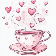 Whimsical teacup with heart-shaped steam, ideal for romantic themes, digital art, or charming invitations, transparent background for versatility