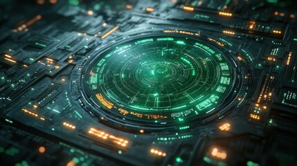 Futuristic Radar Technology Interface with Glowing Green Elements in Cyberpunk Style