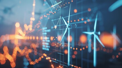 Futuristic digital data network and renewable energy technologies abstract visualization with wind turbines circuits graphs and HUD elements