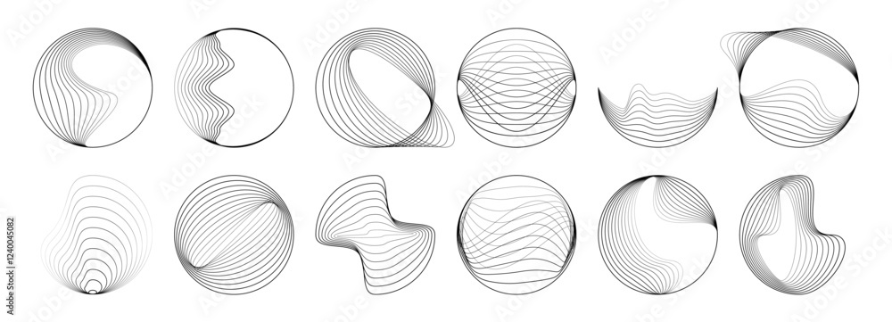 Wall mural isolated line round geometric spiral shapes, concentric swirl and wave. vector abstract vortex circl