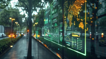 Futuristic digital interface dashboard with data analytics information and controls displayed in an illuminated urban cityscape at night  Cyberpunk style neon glow and atmosphere