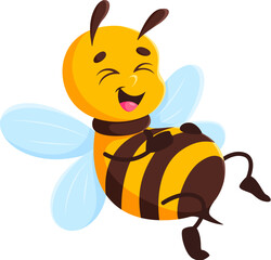 Obraz premium Cartoon honey bee character, cute honeybee animal mascot with cheerful adorable expression and bright black and yellow stripes. Isolated vector flying bee insect personage happily laughing