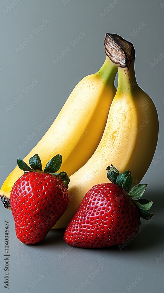 Poster two ripe bananas and two fresh strawberries on a plain gray surface in a studio setting