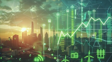 Obraz premium Futuristic urban skyline with financial data analytics and market exchange display Concept of modern digital technology business intelligence and economic growth in a smart innovative city