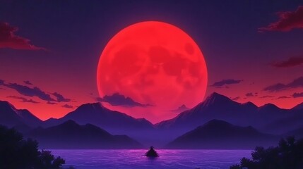 Fototapeta premium Silhouette of a lone figure in a boat, dwarfed by a massive, blood-red moon setting over a serene mountain lake. A breathtaking, surreal scene.