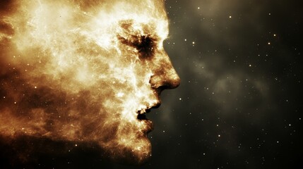 A fiery cosmic portrait, a mesmerizing blend of human form and celestial energy. The warm, golden hues evoke a sense of power and mystery.