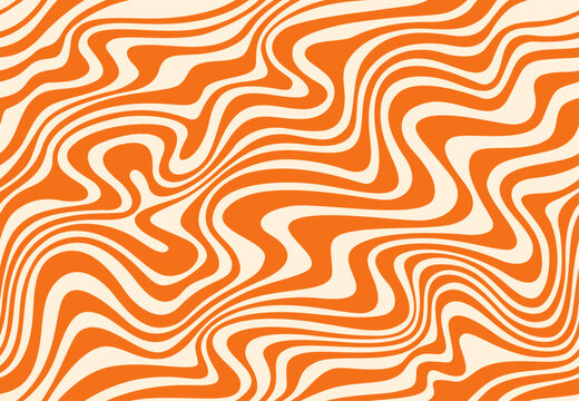 Caramel peanut swirl pattern groovy background. Vector abstract wavy distorted ornament with beige and orange stripes. Sweet candy dessert psychedelic texture. Dynamic backdrop with optical illusion
