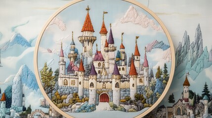 Obraz premium Whimsical Fairy Tale Castle Embroidery in Hoop, vibrant colors, intricate details, enchanting design for home decor or gifting