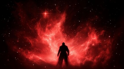 Silhouette of a man standing before a fiery red nebula, stars twinkling in the dark expanse.