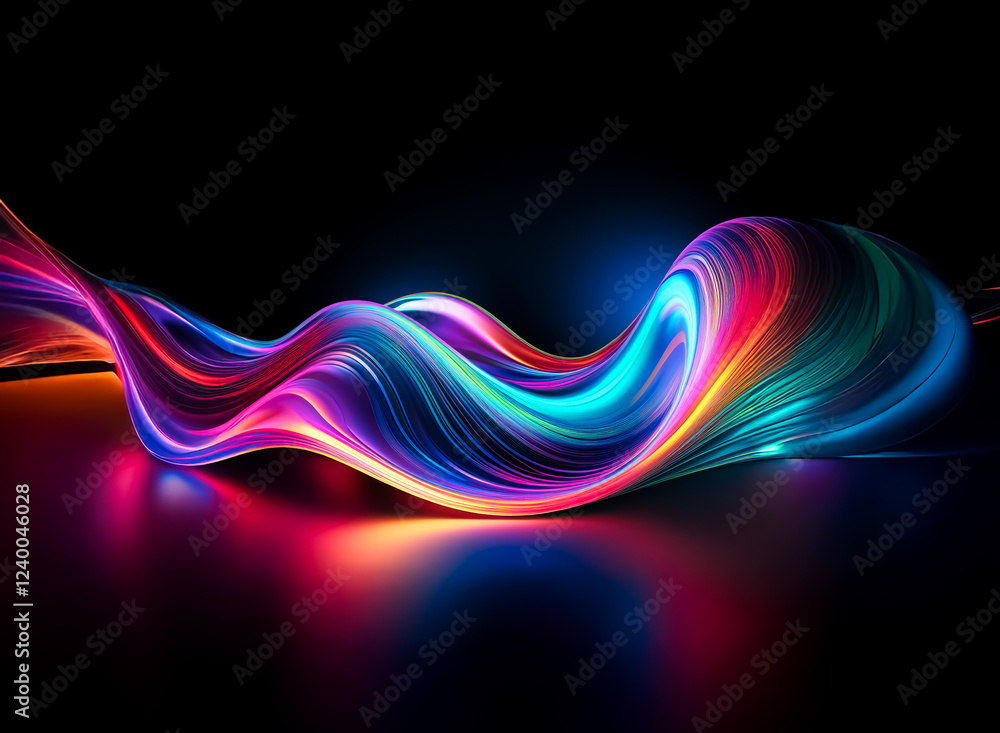 Poster vibrant, swirling ribbons of light flow across a dark reflective surface, creating a dynamic and col
