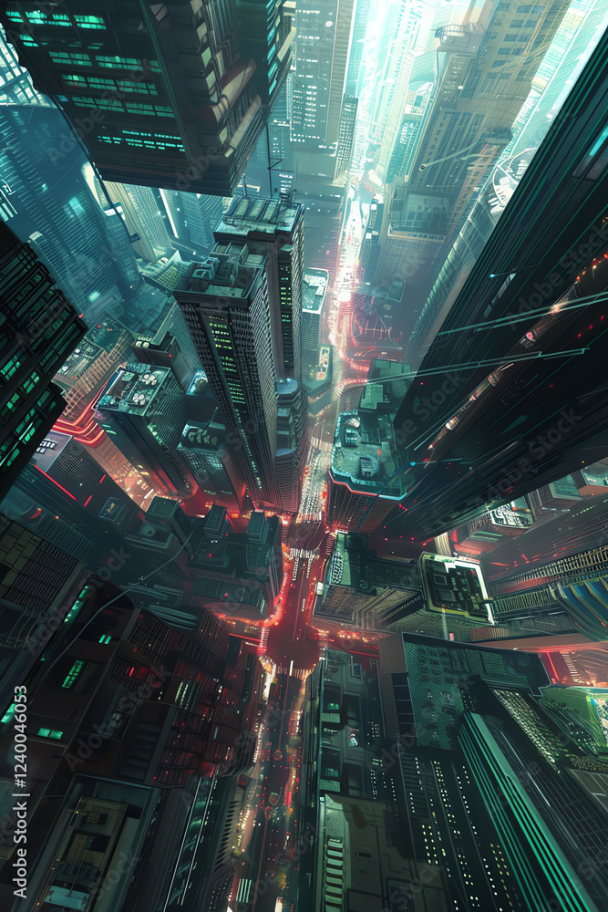 Poster explore a birds-eye view of a cybernetic cityscape merging with the human psyche in surreal detail u