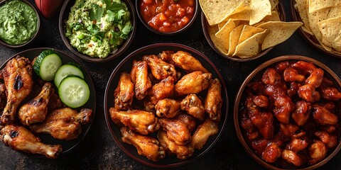Table with several bowls of food, including chicken wings, chips, and dips