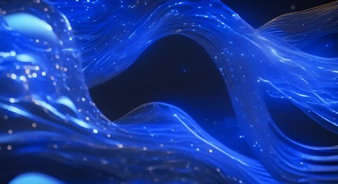 Futuristic simulation of translucent blue waves traveling through a dark environment, interspersed with floating digital nodes and holographic light effects