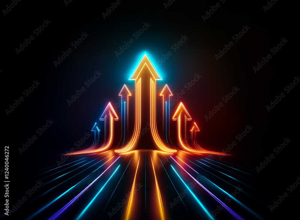 Poster glowing neon arrows ascend, converging into a single upward trajectory, symbolizing growth and progr