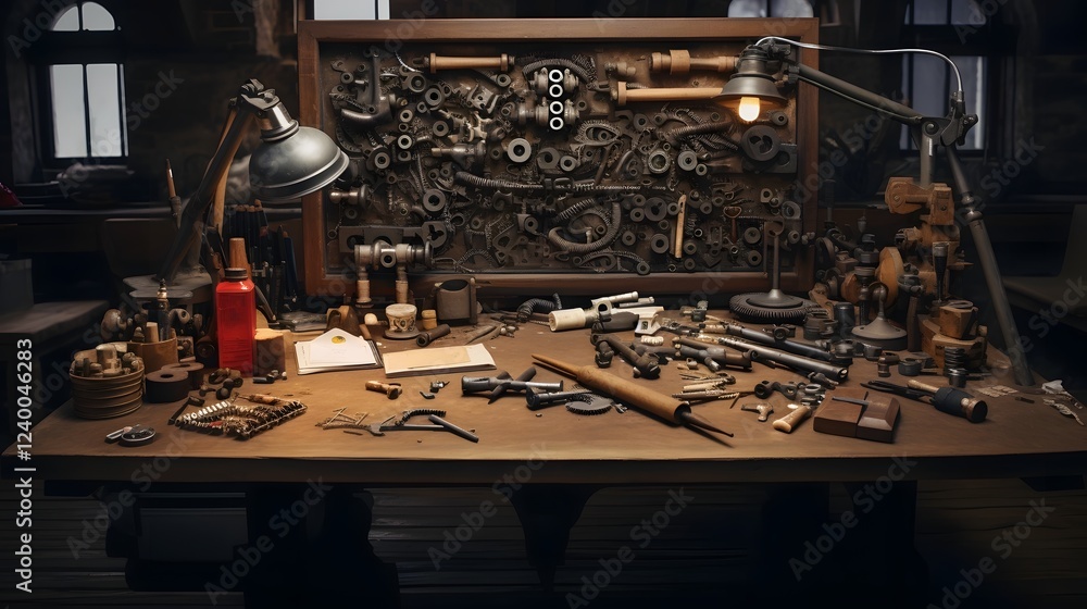 Poster an organized workshop table filled with various nuts bolts and hand tools ready for diy projects rep