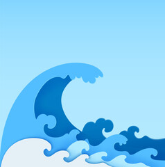 Paper cut sea tsunami wave 3d vector background, featuring blue fluid ripples of water splash, liquid splashing spatters in a papercut style, symbolizing fluidity, ocean storm, marine surf motion