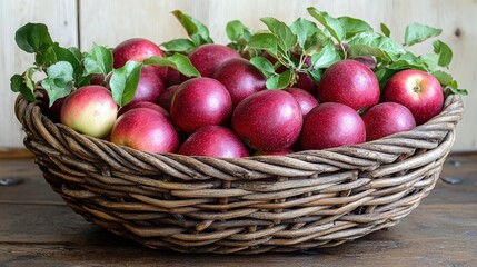 Fresh Red Apples in a Rustic Woven Basket on Wooden Table