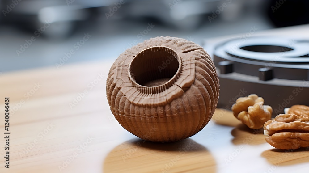 Poster close up view of a metallic nut placed on a 3d printed mechanical part showcasing the intricate deta