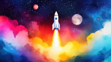 Rocket Launch in Colorful Cosmic Background