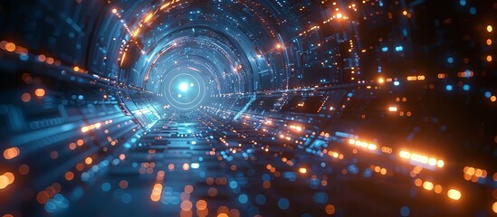 Futuristic Digital Tunnel with Blue and Orange Light Effects