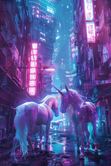 Fototapeta premium Illustrate a close-up shot of ethereal unicorns in a neon-lit futuristic cityscape, showcasing iridescent hues and shimmering lights, using digital rendering techniques like glitch art and pixelation