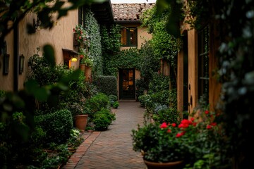 Charming Courtyard Pathway Between Ivy Covered Buildings