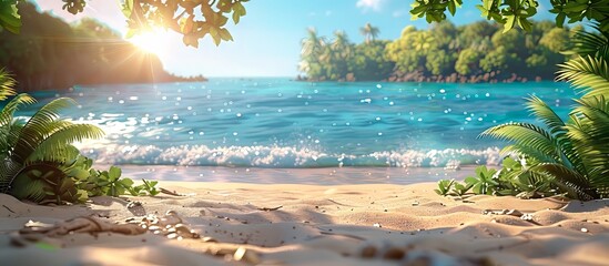 Serene Tropical Beach with Calm Waves and Lush Greenery