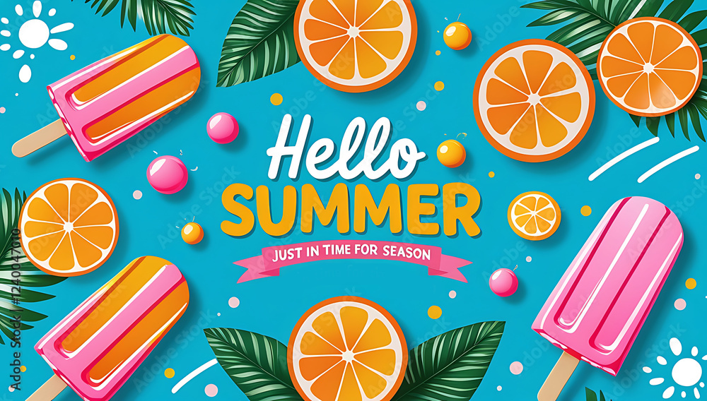 Poster hello summer beach elements 3d illustration. summer greeting card frame with colorful beach element 