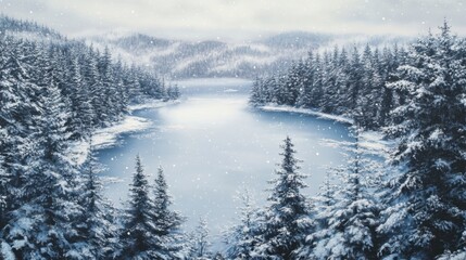 Obraz premium Snowfall aerial view of a forest with snow-covered trees and a frozen lake, creating a serene winter landscape