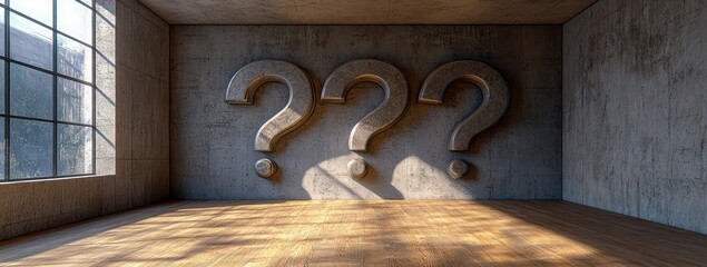 Three Large Question Marks in a Modern Interior with Gray Wall and Wooden Floor
