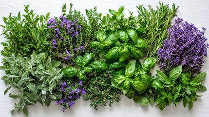 Vibrant Collection of Fresh Culinary Herbs and Edible Flowers on a Wooden Table Surface