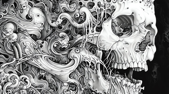 Illustrate a close-up shot of a macabre chefs creation with pen and ink Showcase the fine lines and intricate patterns to bring out the eerie and mysterious essence of the subject