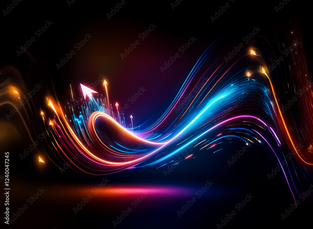 Poster dynamic, vibrant light trails flow in a wave-like motion, creating an upward surge of energy. sparkl