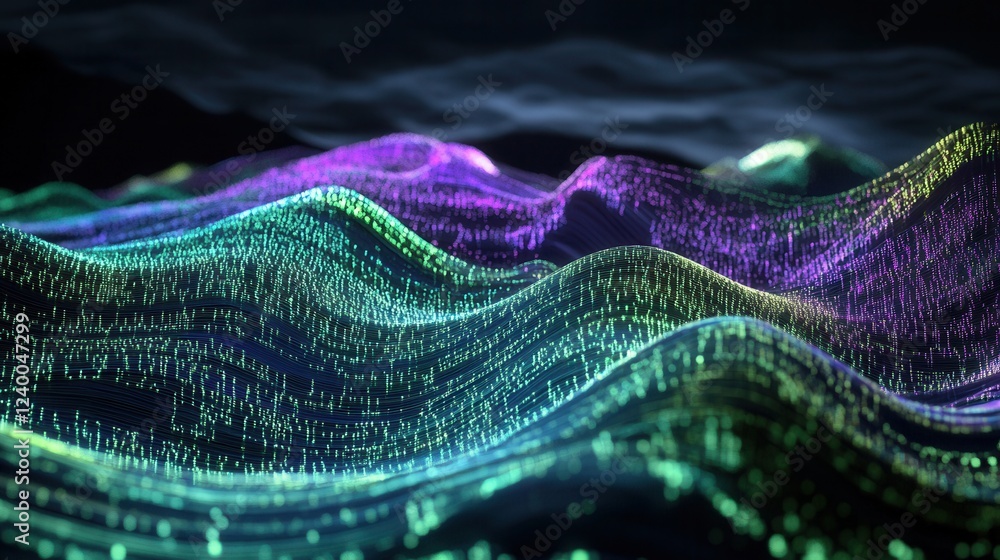 Poster glowing virtual business chart with layered data in green and purple, digital visualization of compl