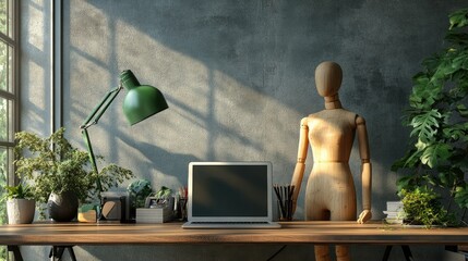 Cozy Workspace with Green Lamp, Wooden Mannequin, and Plants