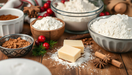 Fototapeta premium Bakery background with ingredients for cooking Christmas baking. Flour, brown sugar, butter, cranberry and spices on wooden table top view, blurry foreground. isolated with white shades