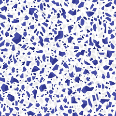 White and blue terrazo ceramic tile pattern, terazzo marble stone floor, terazo mosaic texture background. Vector seamless repeated ornament, featuring irregularly shaped abstract scattered fragments